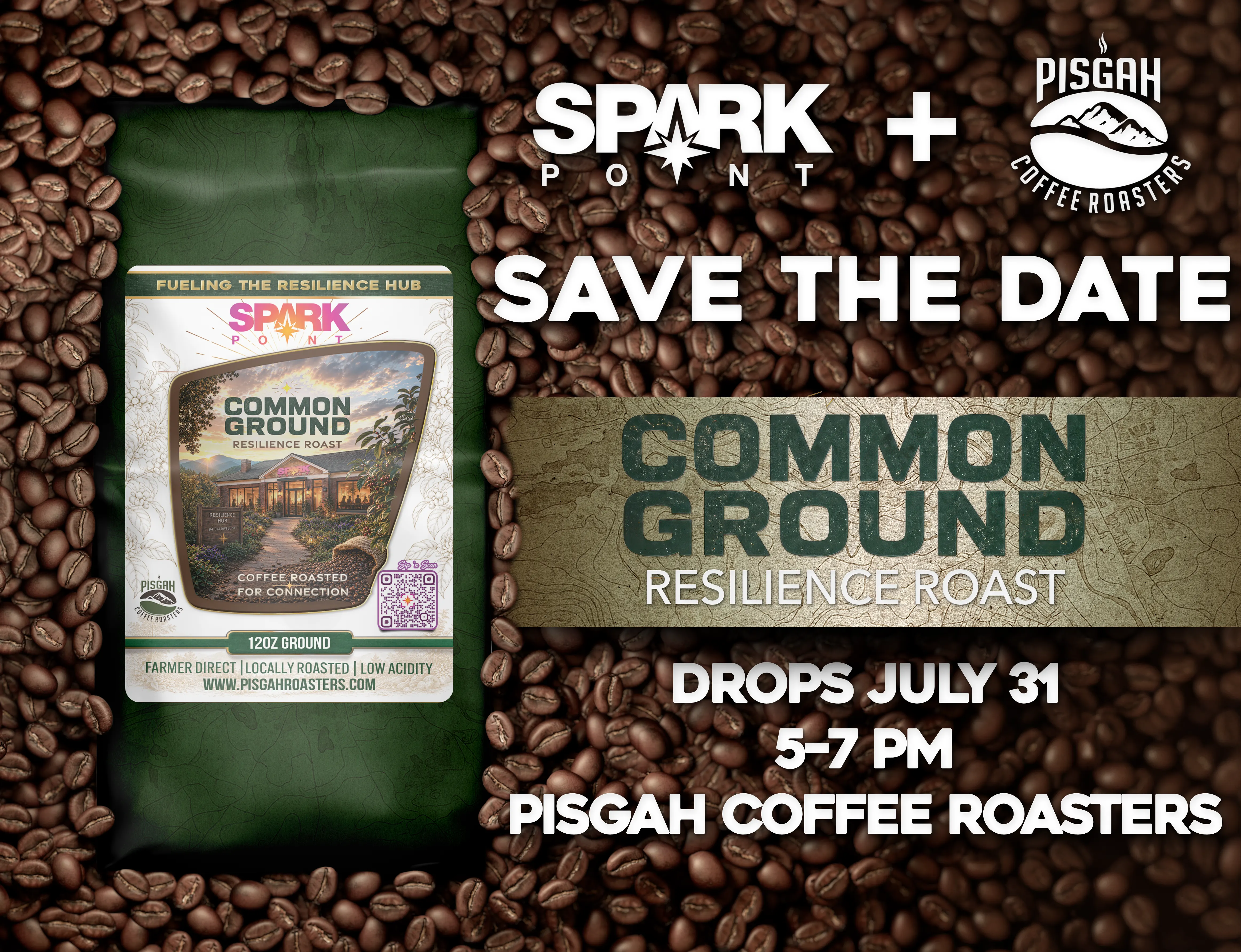 Common Ground Resilience Roast promotional graphic with coffee beans, both partner logos, the package, and July 31 release details.