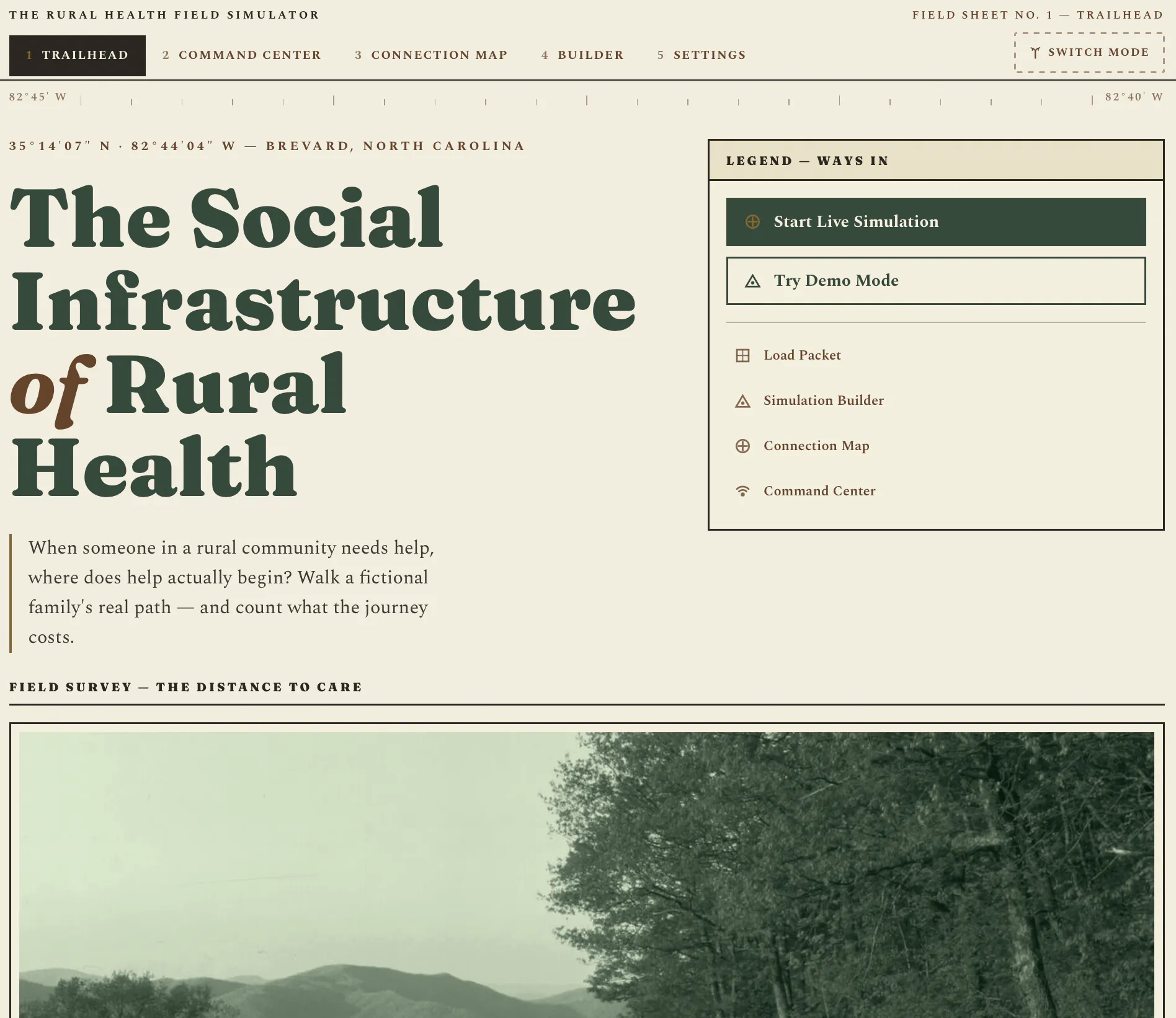 The Rural Health Field Simulator trailhead screen, where participants can begin a live simulation or enter demo mode.