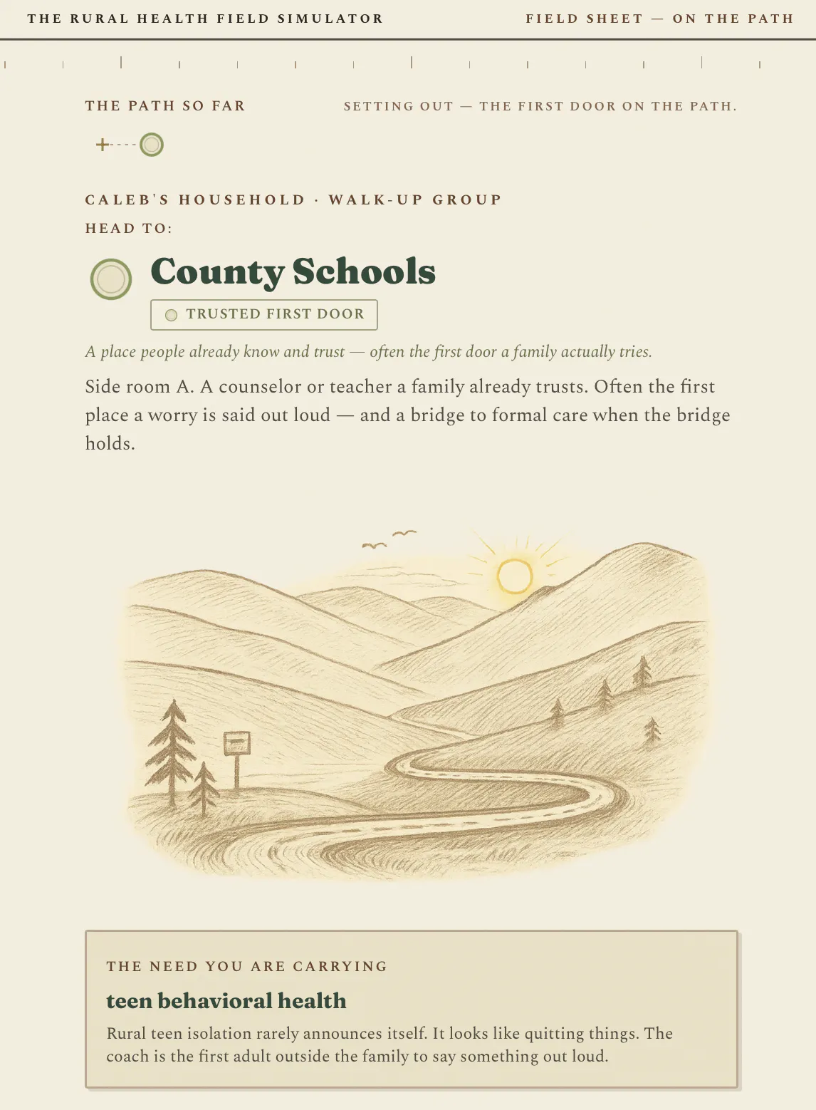 A simulator journey screen directing a fictional household to a trusted first door at the county schools.
