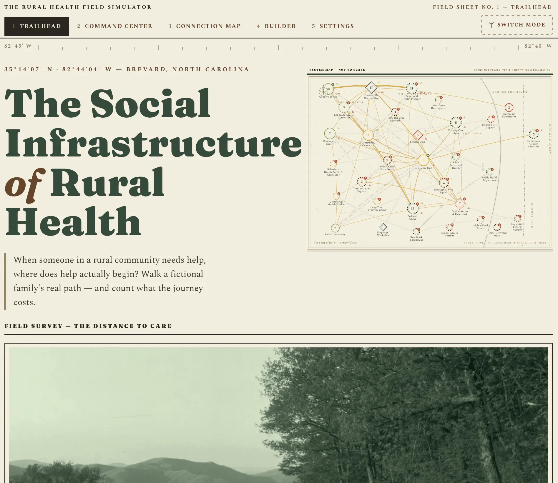 The Rural Health Field Simulator trailhead screen, where participants can begin a live simulation or enter demo mode.