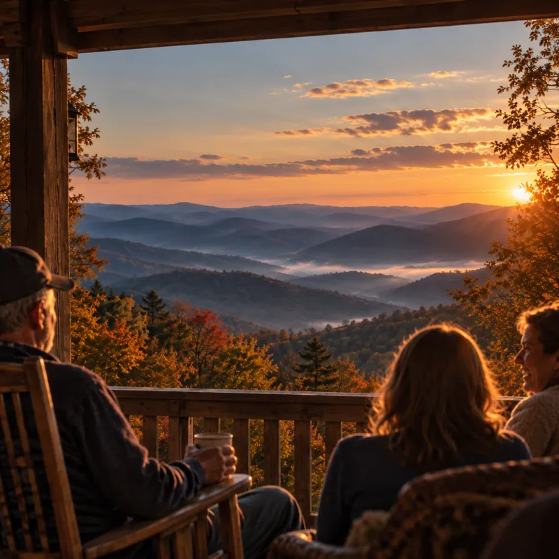 Friends in rocking chairs on a covered back porch at sunset, one laughing, a mug in hand, looking out past the railing over layers of Blue Ridge mountains with mist in the valleys.