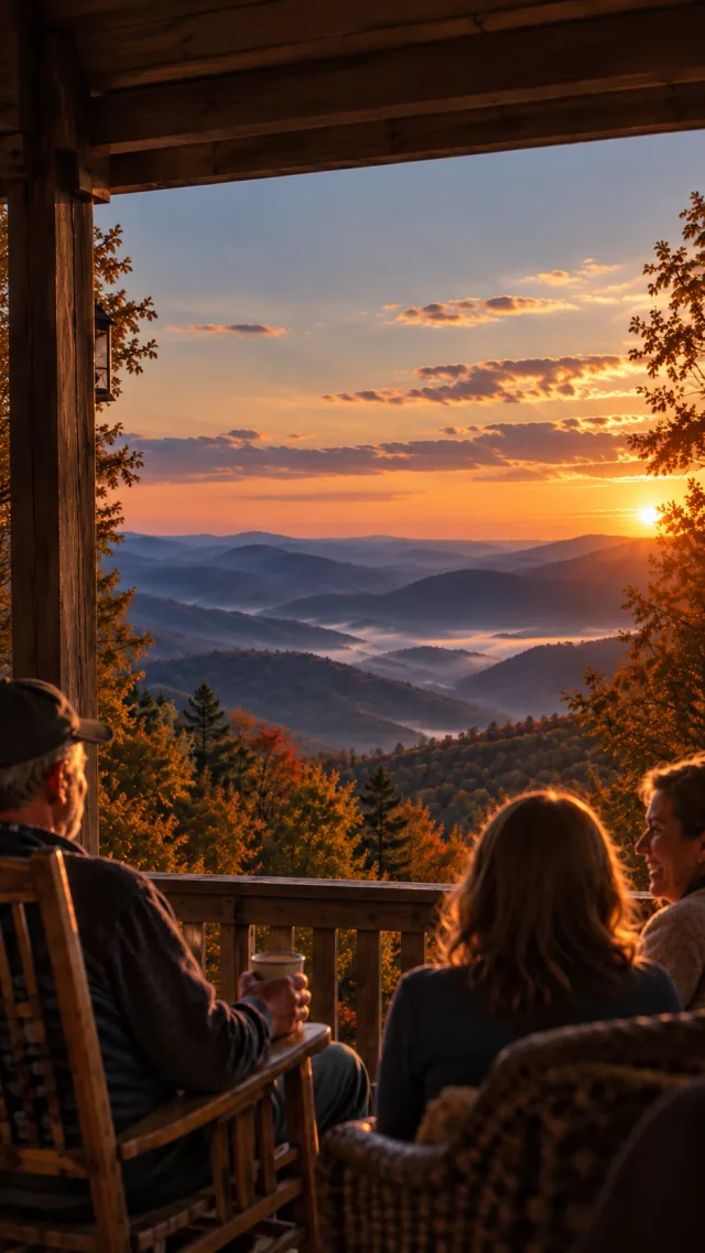 Friends in rocking chairs on a covered back porch at sunset, one laughing, a mug in hand, looking out past the railing over layers of Blue Ridge mountains with mist in the valleys.