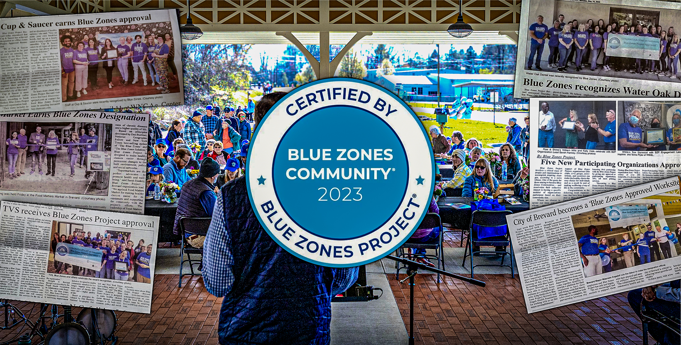 Blue Zones Community 2023 certification seal displayed at a Brevard community gathering