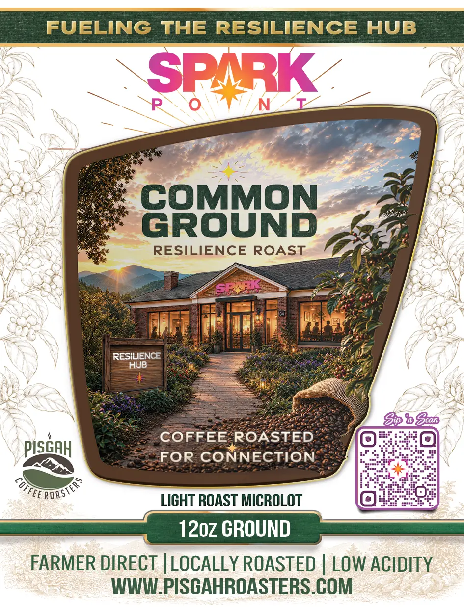 Common Ground Resilience Roast package artwork featuring SparkPoint’s planned Resilience Hub at sunset.