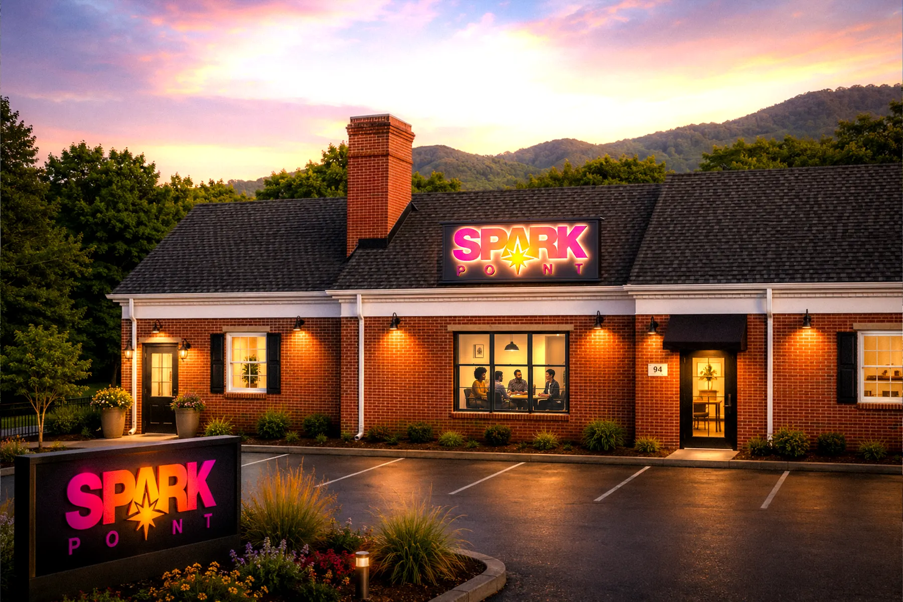 Conceptual rendering of the building at dusk, with SparkPoint signage, warm lighting, landscaping, and people meeting inside the front window.