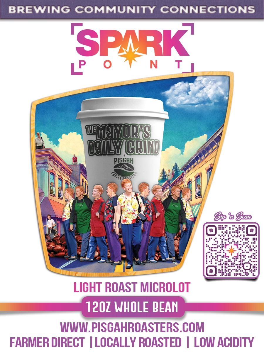 The Mayor’s Daily Grind package artwork featuring multiple images of Brevard Mayor Maureen Copelof in a downtown scene.