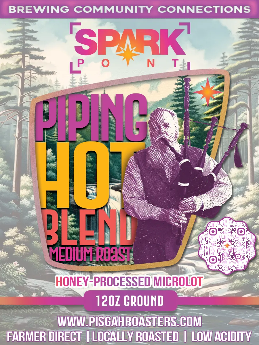 Pipin’ Hot Blend package artwork honoring Dr. Ora Wells with colorful mountain and bagpipe imagery.