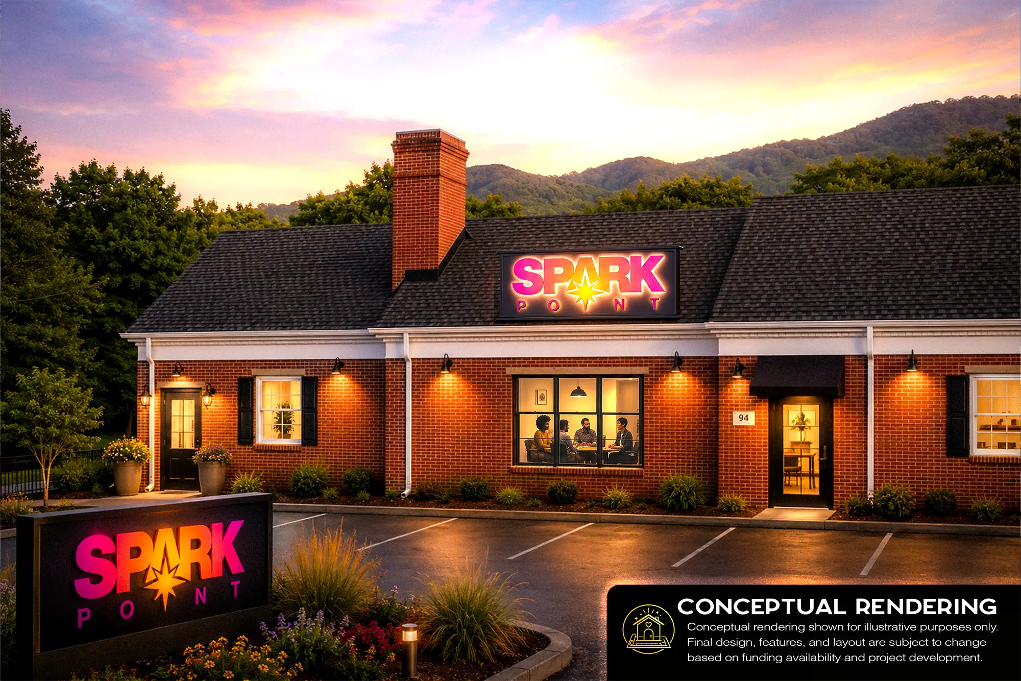 Conceptual evening rendering of a brick SparkPoint Resilience Hub building with illuminated signage and people meeting inside.