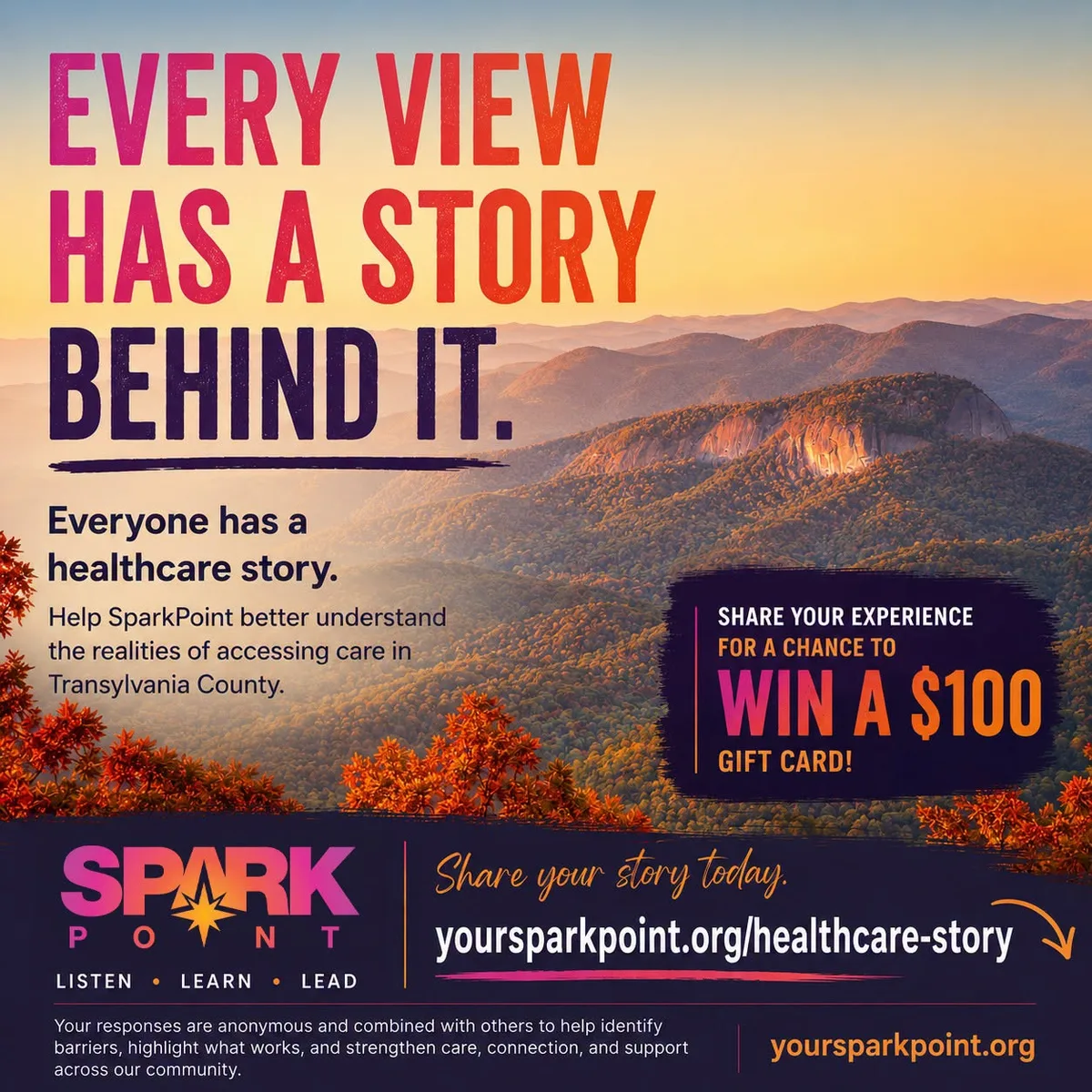 SparkPoint flyer over a Blue Ridge Mountains sunset: "Every view has a story behind it — everyone has a healthcare story."
