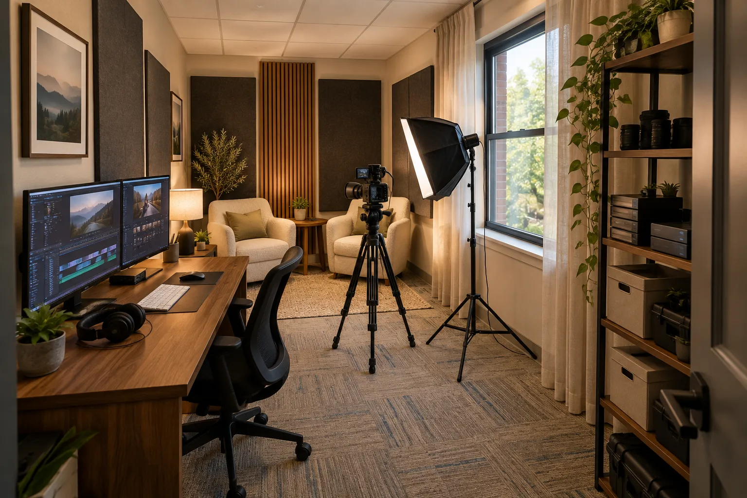 Conceptual rendering of the StoryLab studio: a long, narrow room with an editing desk and two monitors along the left wall, two cream armchairs at the far end, a camera on a tripod and a softbox light aimed at the chairs, a curtained window on the right, and shelving with storage boxes by the door.